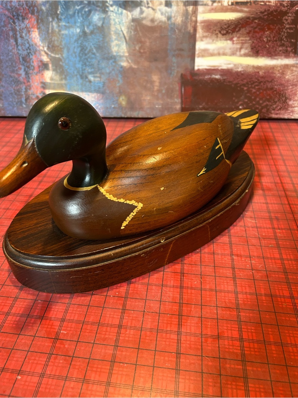 Vintage Duck Decoy Hand Carved Hand Painted Wood With Glass Eyes 13”